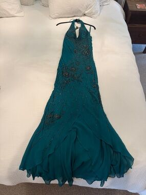 Sue Wong Teal Beaded Halter Gown